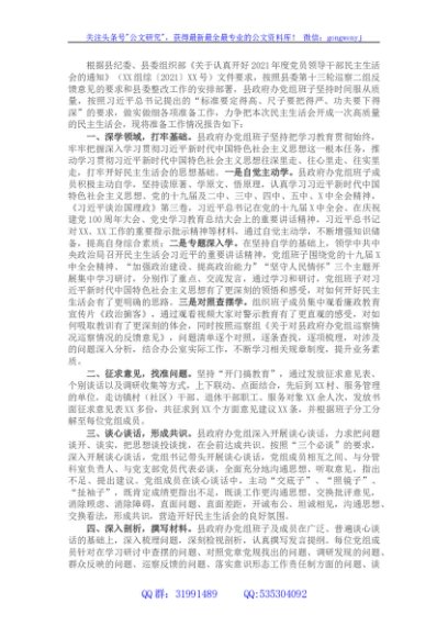 政府办公室党组2021年度民主生活会准备工作情况报告