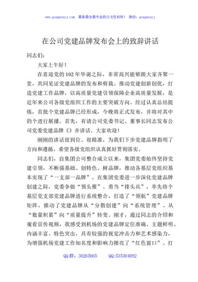 在公司党建品牌发布会上的致辞讲话