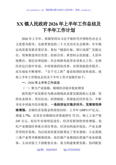 XX镇人民政府2026年上半年工作总结及下半年工作计划