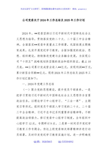 公司党委关于2024年工作总结及2025年工作计划