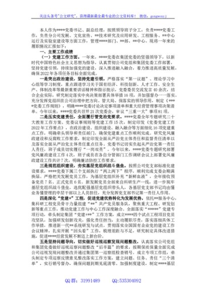 国企党委书记2022年度述职报告