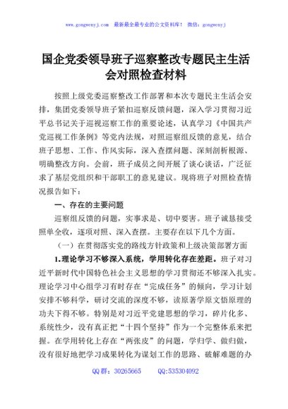 国企党委领导班子巡察整改专题民主生活会对照检查材料