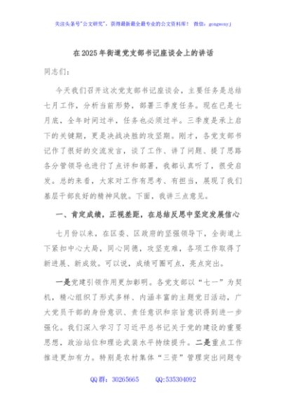 在2025年街道党支部书记座谈会上的讲话