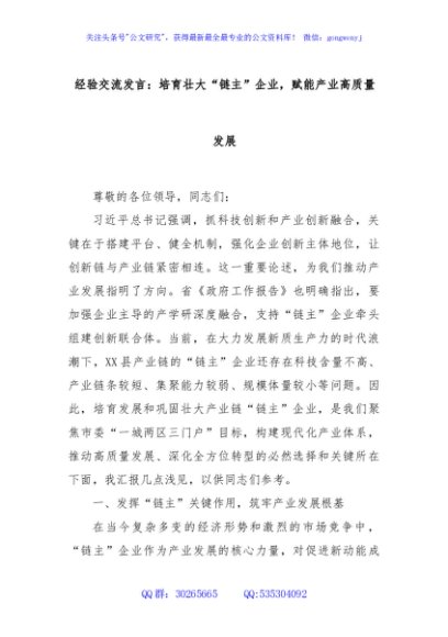 经验交流发言：培育壮大“链主”企业，赋能产业高质量发展