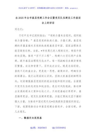 在2025年全市基层党建工作会议暨党员队伍建设工作座谈会上的讲话