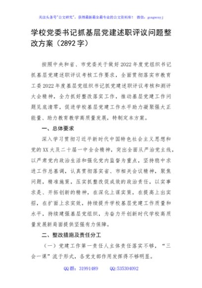 学校党委书记抓基层党建述职评议问题整改方案