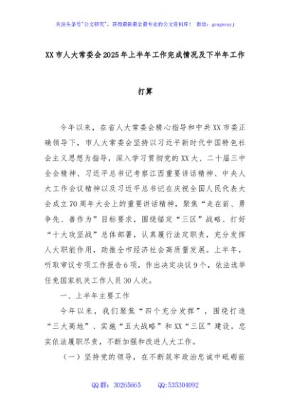 XX市人大常委会2025年上半年工作完成情况及下半年工作打算