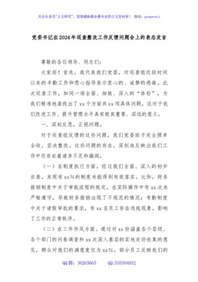 党委书记在2024年巡查整改工作反馈问题会上的表态发言