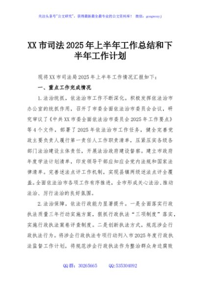 XX市司法2025年上半年工作总结和下半年工作计划