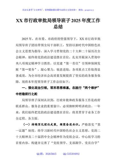 XX市行政审批局领导班子2025年度工作总结