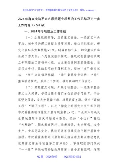 2024年群众身边不正之风问题专项整治工作总结及下一步工作打算（2741字）