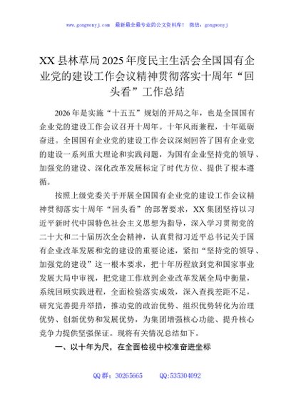 XX县林草局2025年度民主生活会全国国有企业党的建设工作会议精神贯彻落实十周年“回头看”工作总结