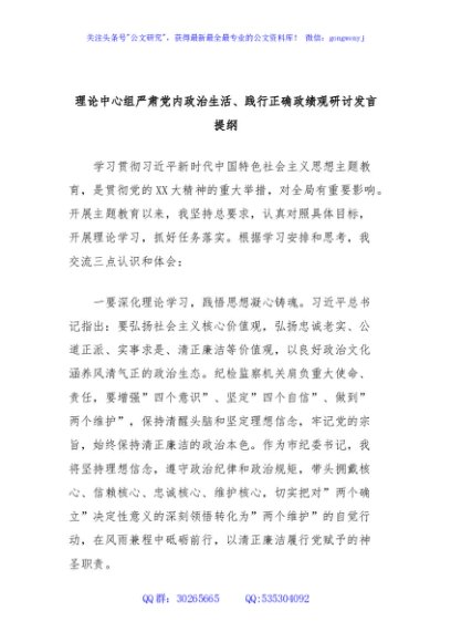 理论中心组严肃党内政治生活、践行正确政绩观研讨发言提纲