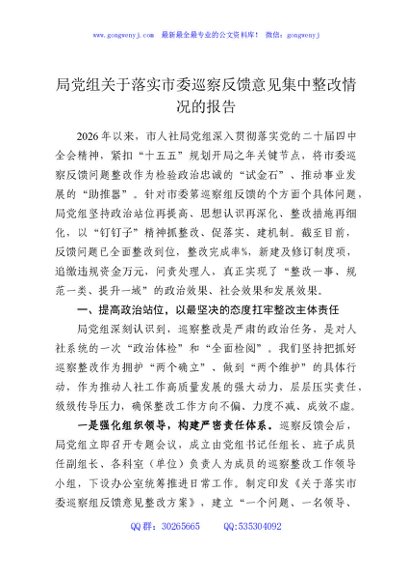 局党组关于落实市委巡察反馈意见集中整改情况的报告