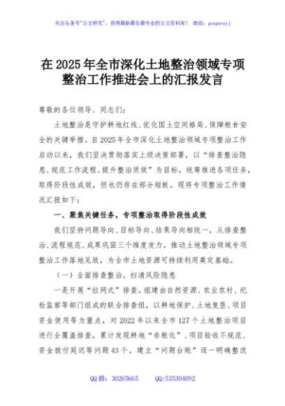 在2025年全市深化土地整治领域专项整治工作推进会上的汇报发言