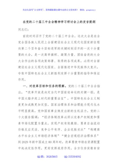 在党的二十届三中全会精神学习研讨会上的发言提纲