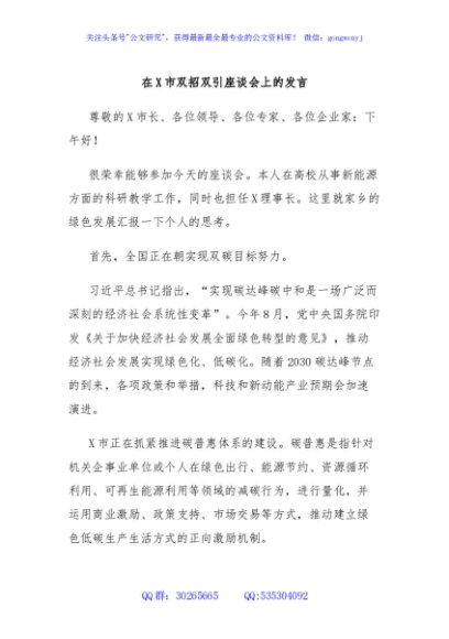 在X市双招双引座谈会上的发言