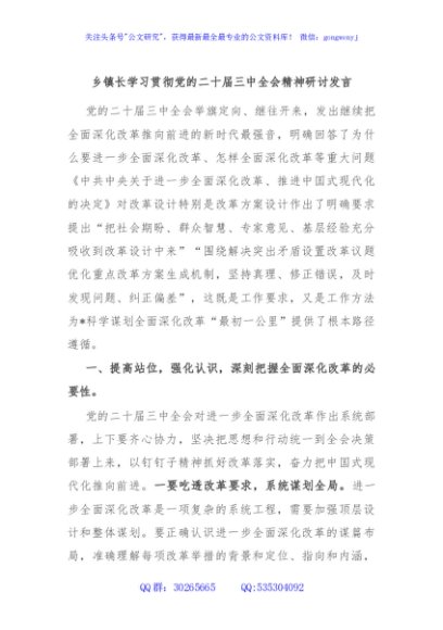 乡镇长学习贯彻党的二十届三中全会精神研讨发言