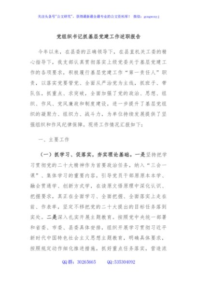 党组织书记抓基层党建工作述职报告