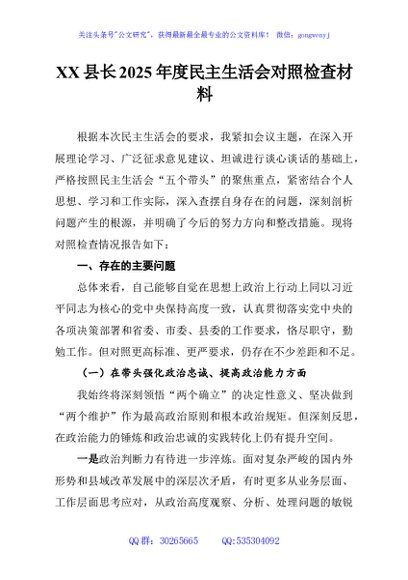 XX县长2025年度民主生活会对照检查材料