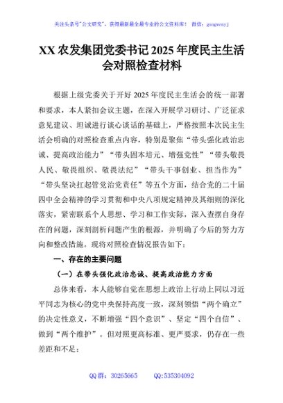 XX农发集团党委书记2025年度民主生活会对照检查材料