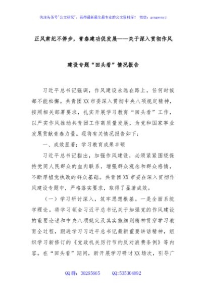 正风肃纪不停步，青春建功促发展——关于深入贯彻作风建设专题“回头看”情况报告