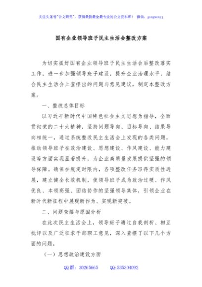 国有企业领导班子民主生活会整改方案