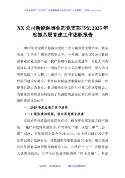 XX公司新能源事业部党支部书记2025年度抓基层党建工作述职报告