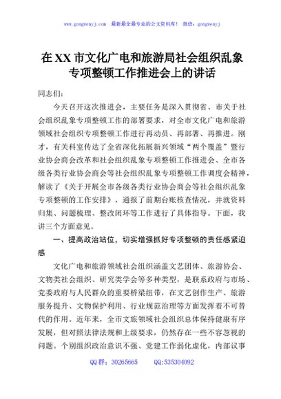 在XX市文化广电和旅游局社会组织乱象专项整顿工作推进会上的讲话