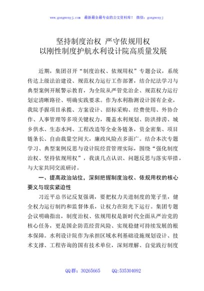 XX水利设计院院长关于“有加强制度治权依规用权”的研讨发言材料