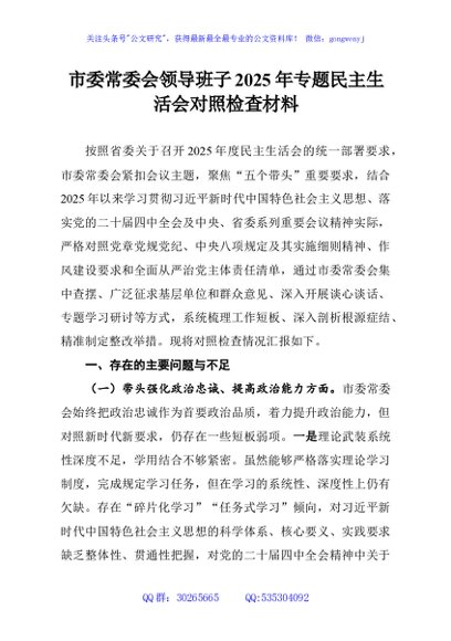 市委常委会领导班子2025年专题民主生活会对照检查材料
