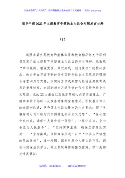 领导干部2023年主题教育专题民主生活会对照发言材料（1）