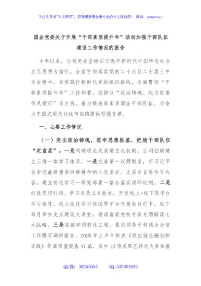 国企党委关于开展“干部素质提升年”活动加强干部队伍建设工作情况的报告
