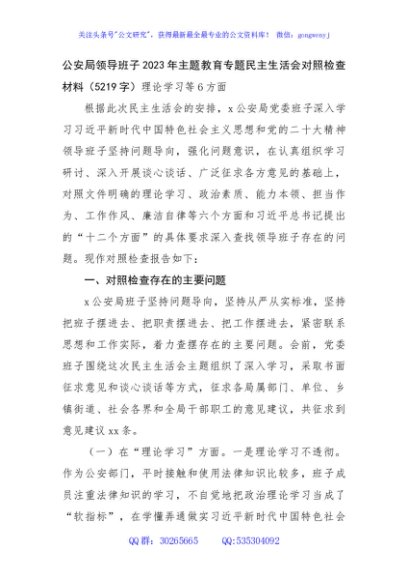  （公安班子）2023年主题教育民主生活会对照检查材料