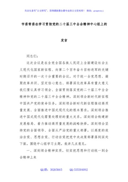 市委常委在学习贯彻党的二十届三中全会精神中心组上的发言