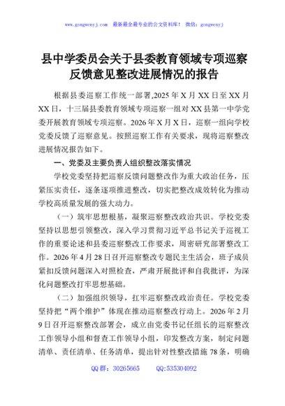 县中学委员会关于县委教育领域专项巡察反馈意见整改进展情况的报告