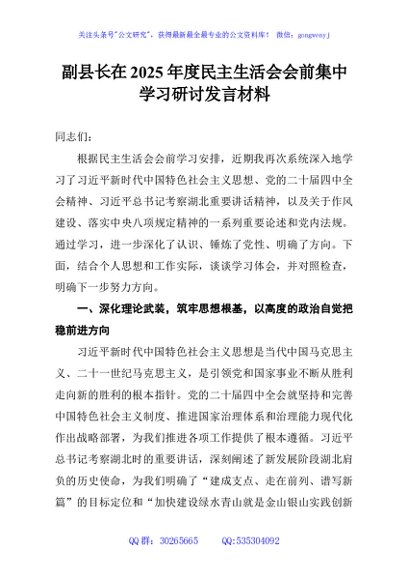 副县长在2025年度民主生活会会前集中学习研讨发言材料