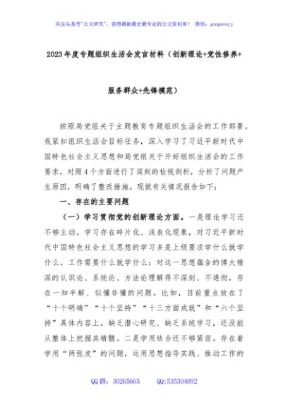 2023年度专题组织生活会发言材料（创新理论+党性修养+服务群众+先锋模范）