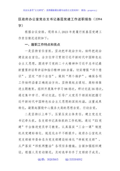 区政府办公室党总支书记基层党建工作述职报告