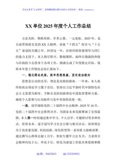 XX单位2025年度个人工作总结