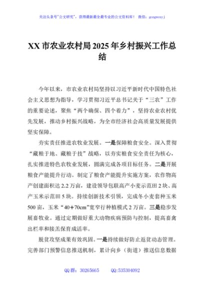 XX市农业农村局2025年乡村振兴工作总结
