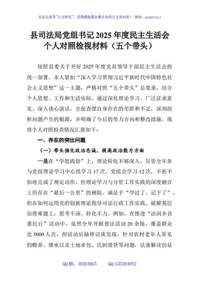 县司法局党组书记2025年度民主生活会个人对照检视材料（五个带头）