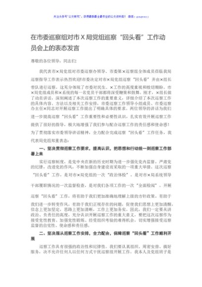 在市委巡察组对市X局党组巡察“回头看”工作动员会上的表态发言