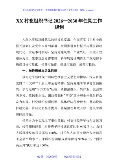 XX村党组织书记2026—2030年任期工作规划