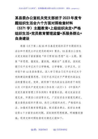 （支部班子）2023年度主题教育专题组织生活会六个方面对照检查材料