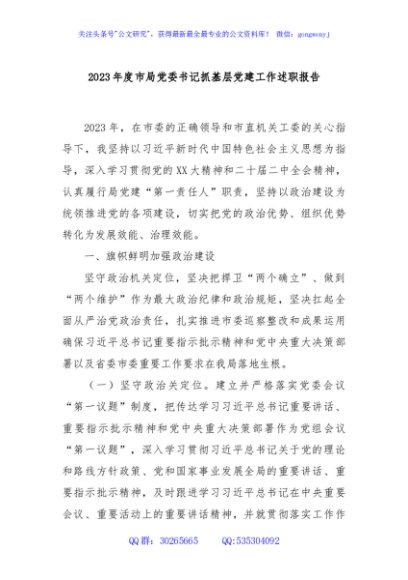 2023年度市局党委书记抓基层党建工作述职报告