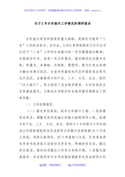 关于X市乡村振兴工作情况的调研报告