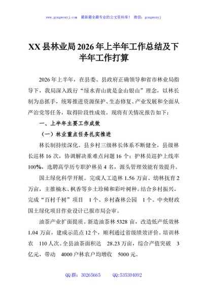 XX县林业局2026年上半年工作总结及下半年工作打算