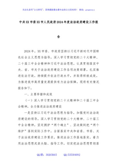 中共XX市委XX市人民政府2024年度法治政府建设工作报告