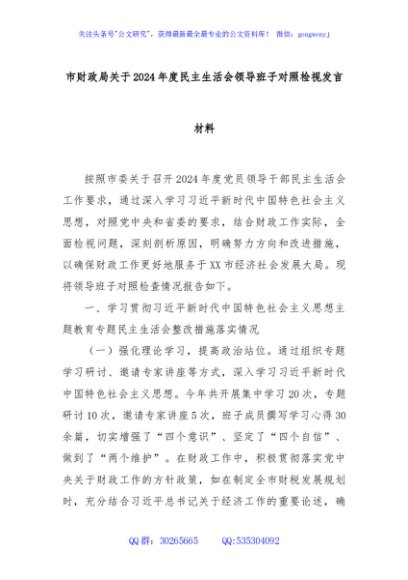 市财政局关于2024年度民主生活会领导班子对照检视发言材料